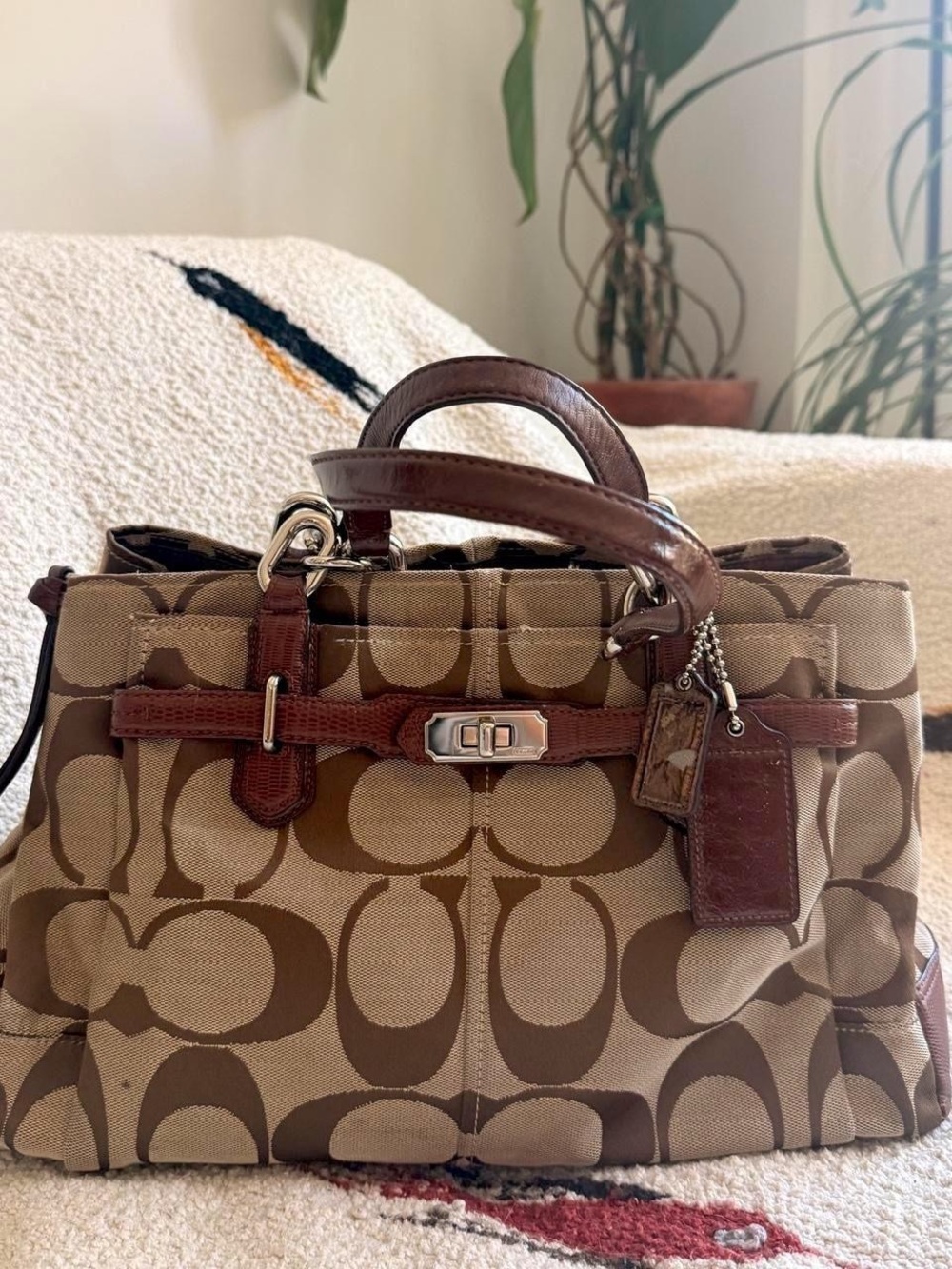 Coach Brown Signature Jayden Carryall Canvas Satchel with Leather Trim Hobo Bag